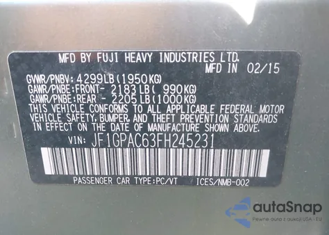 2015 Subaru Impreza 2.0I Premium z USA, uszkodzony, nr VIN JF1GPAC63FH245231